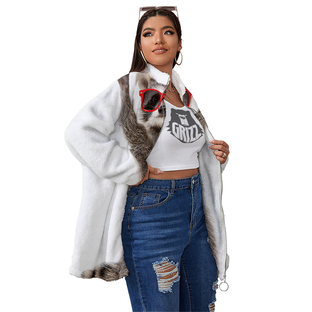 Funny Raccoon Print Women's Sherpa Jacket-grizzshop