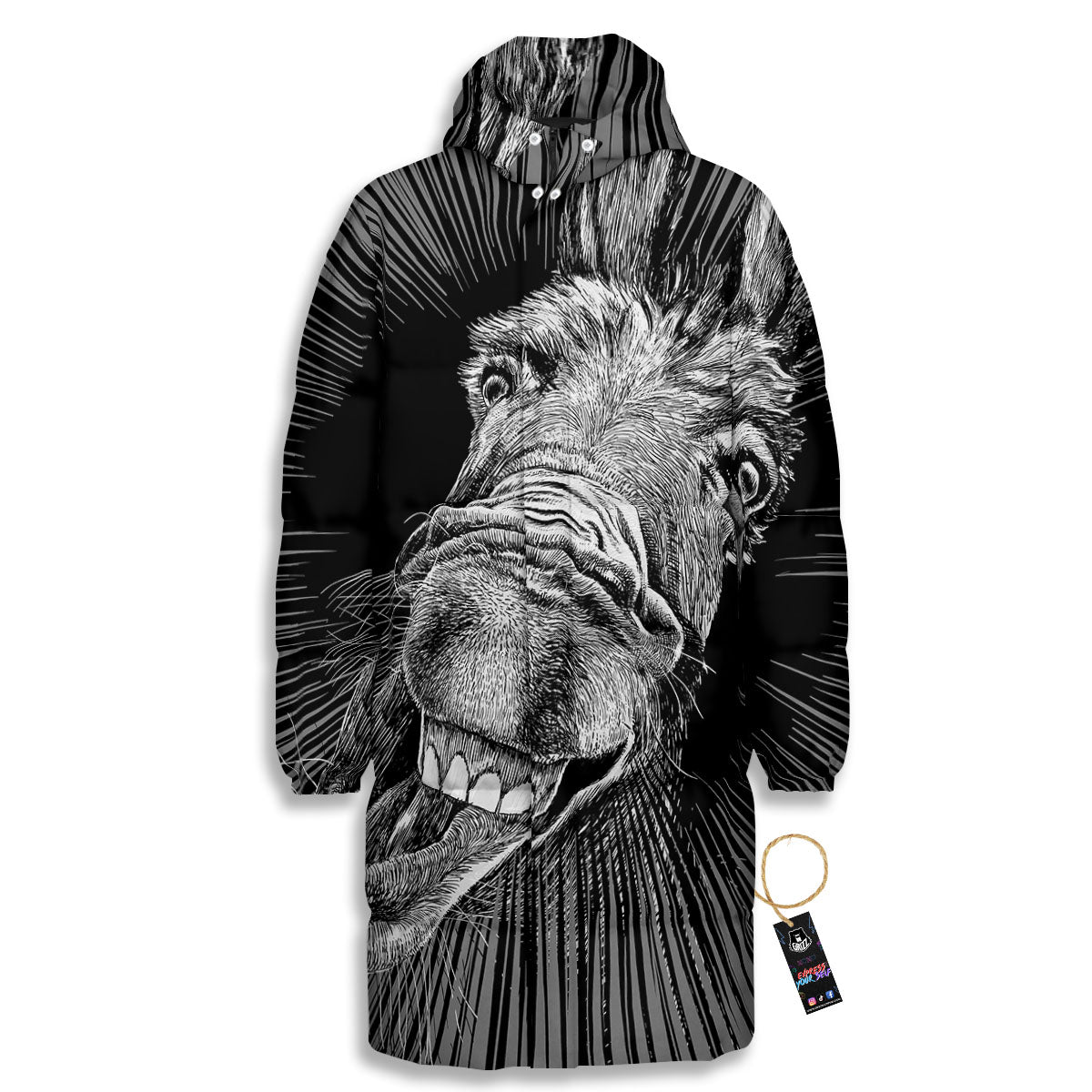 Funny Donkey White And Black Print Long Down Jacket