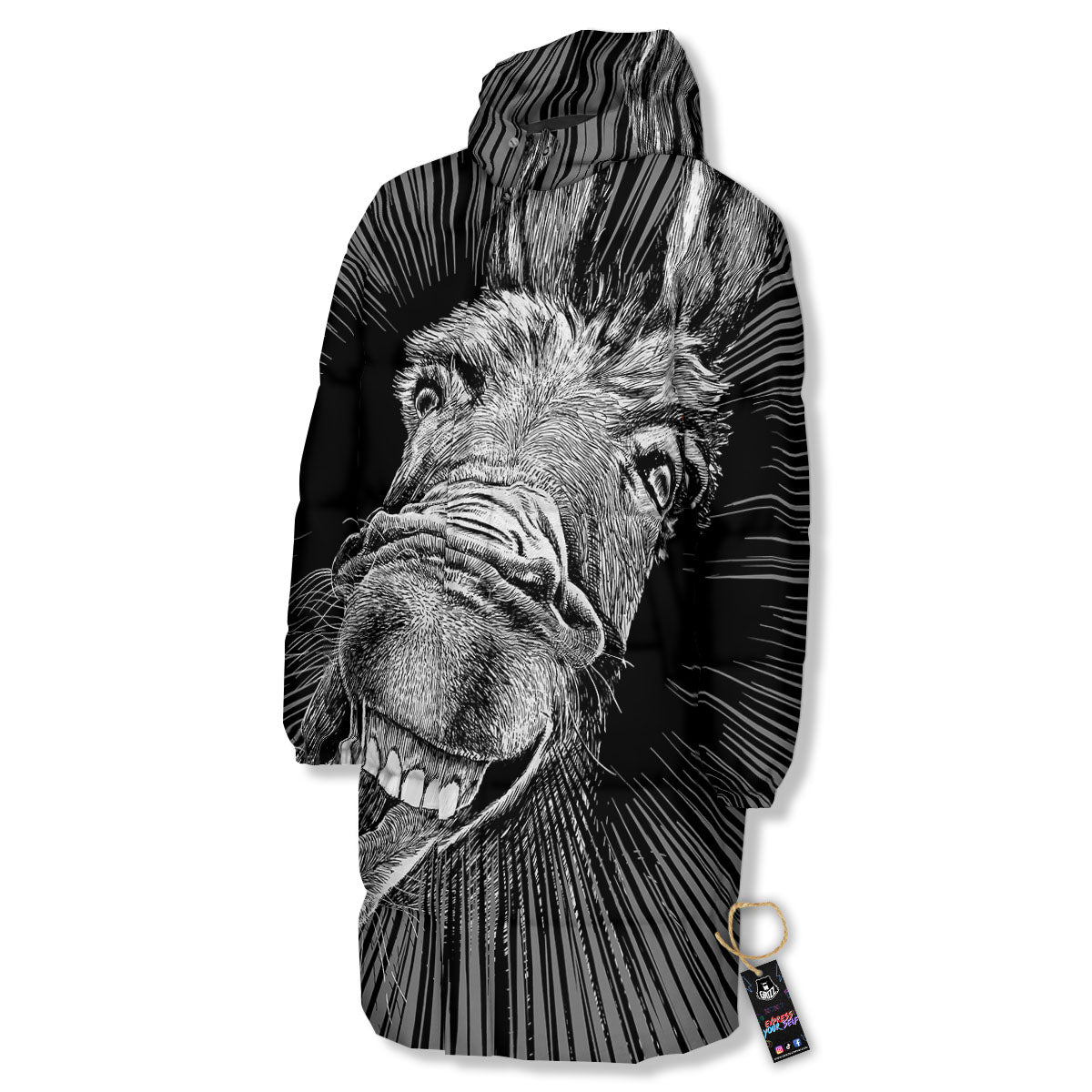 Funny Donkey White And Black Print Long Down Jacket