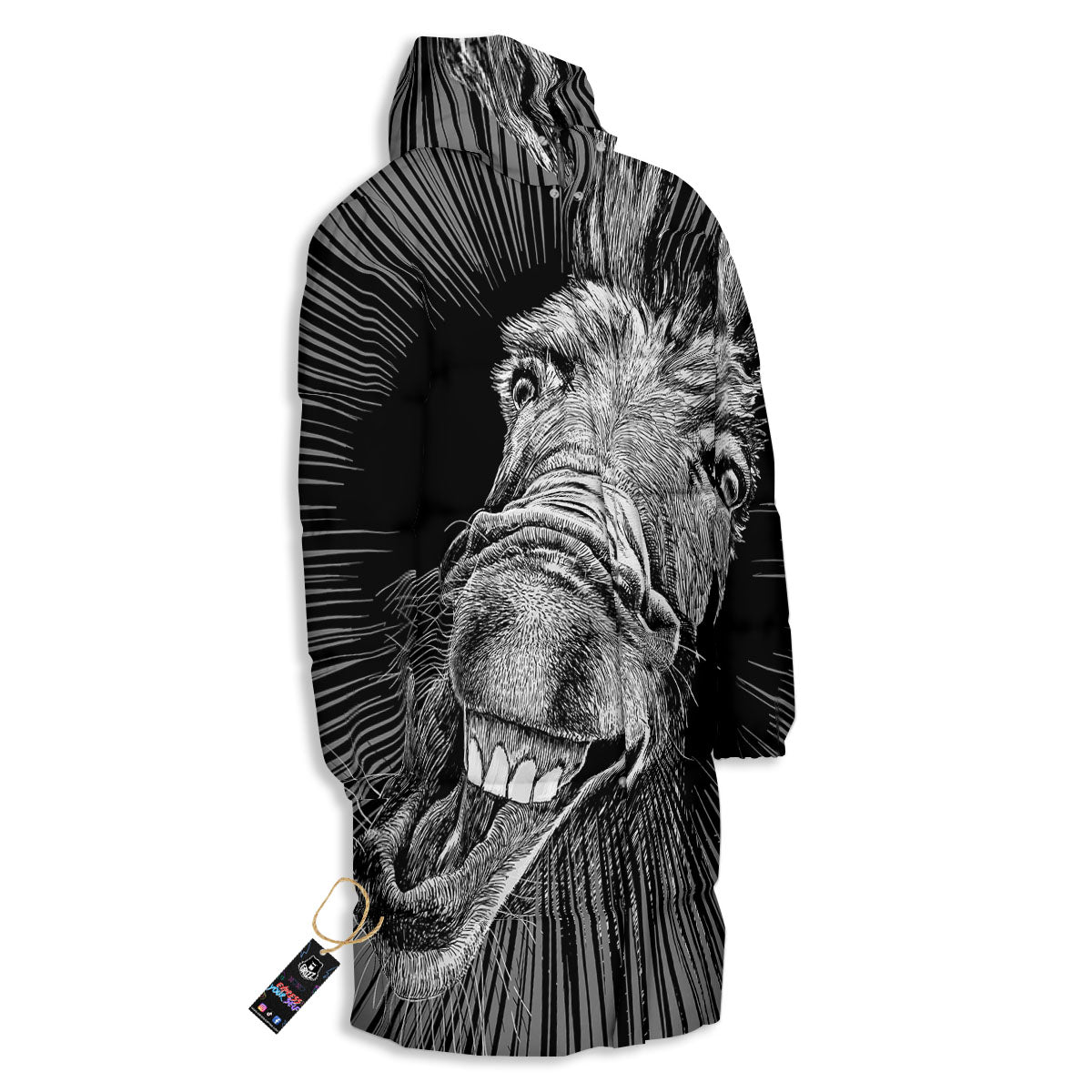 Funny Donkey White And Black Print Long Down Jacket