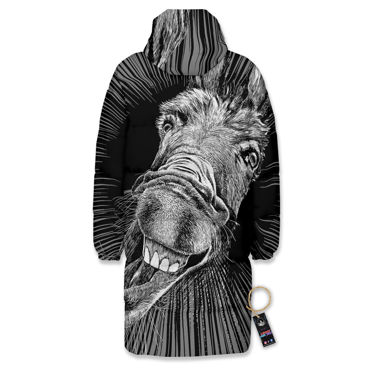 Funny Donkey White And Black Print Long Down Jacket