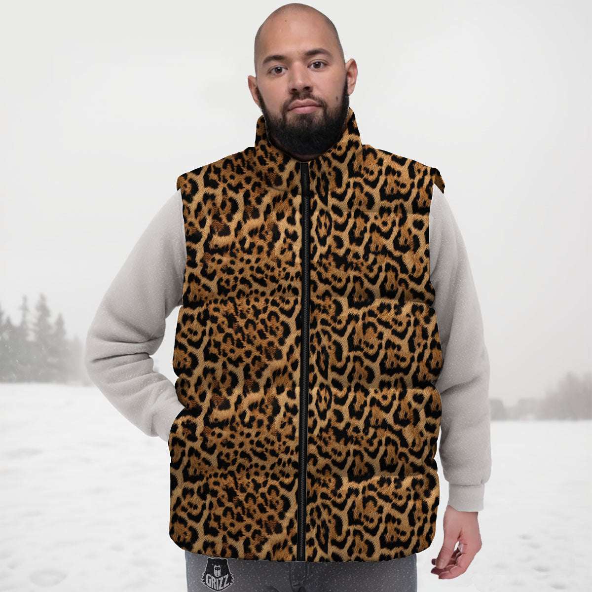 Fur Jaguar Print Pattern Down Vest-grizzshop