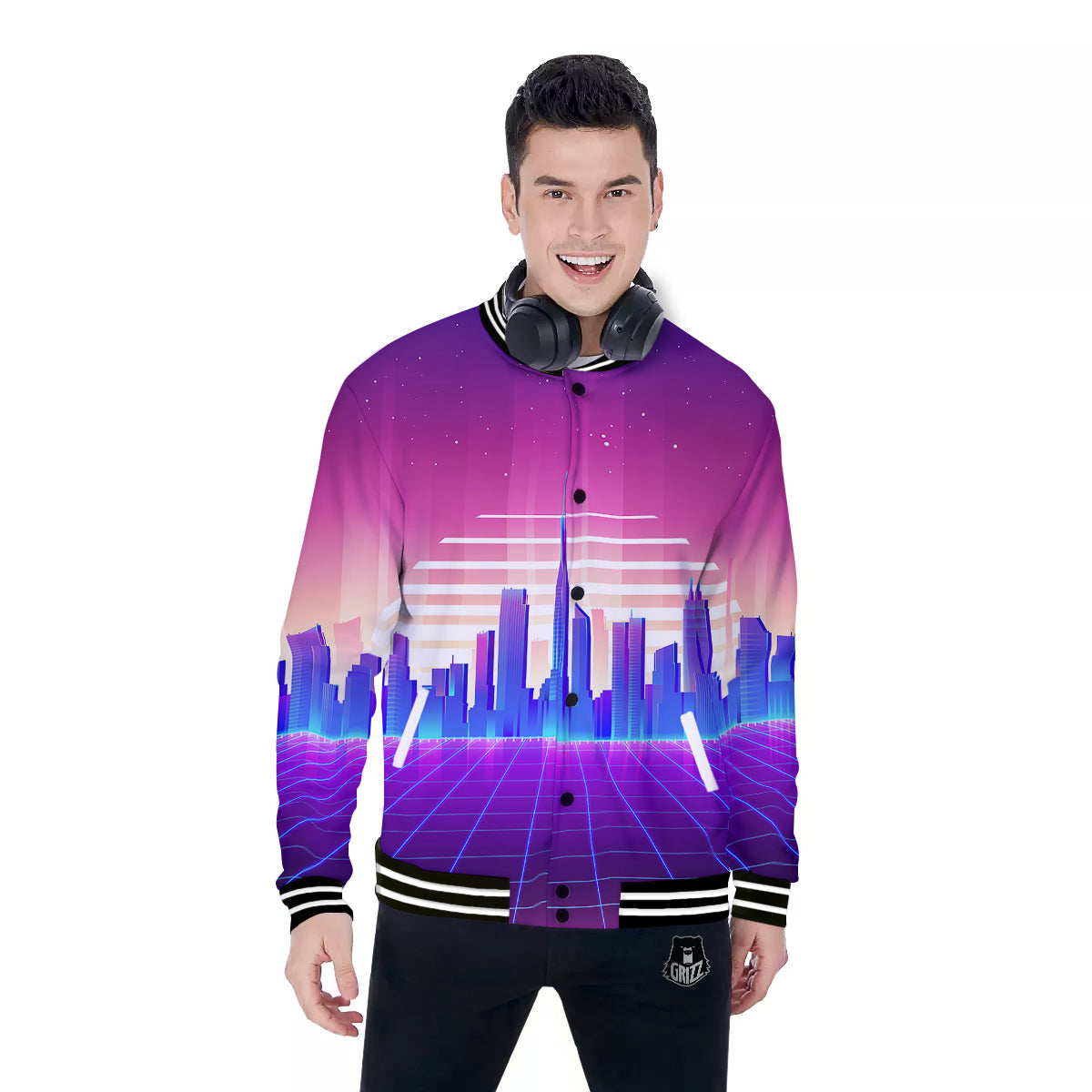 Futuristic City Print Baseball Jacket-grizzshop