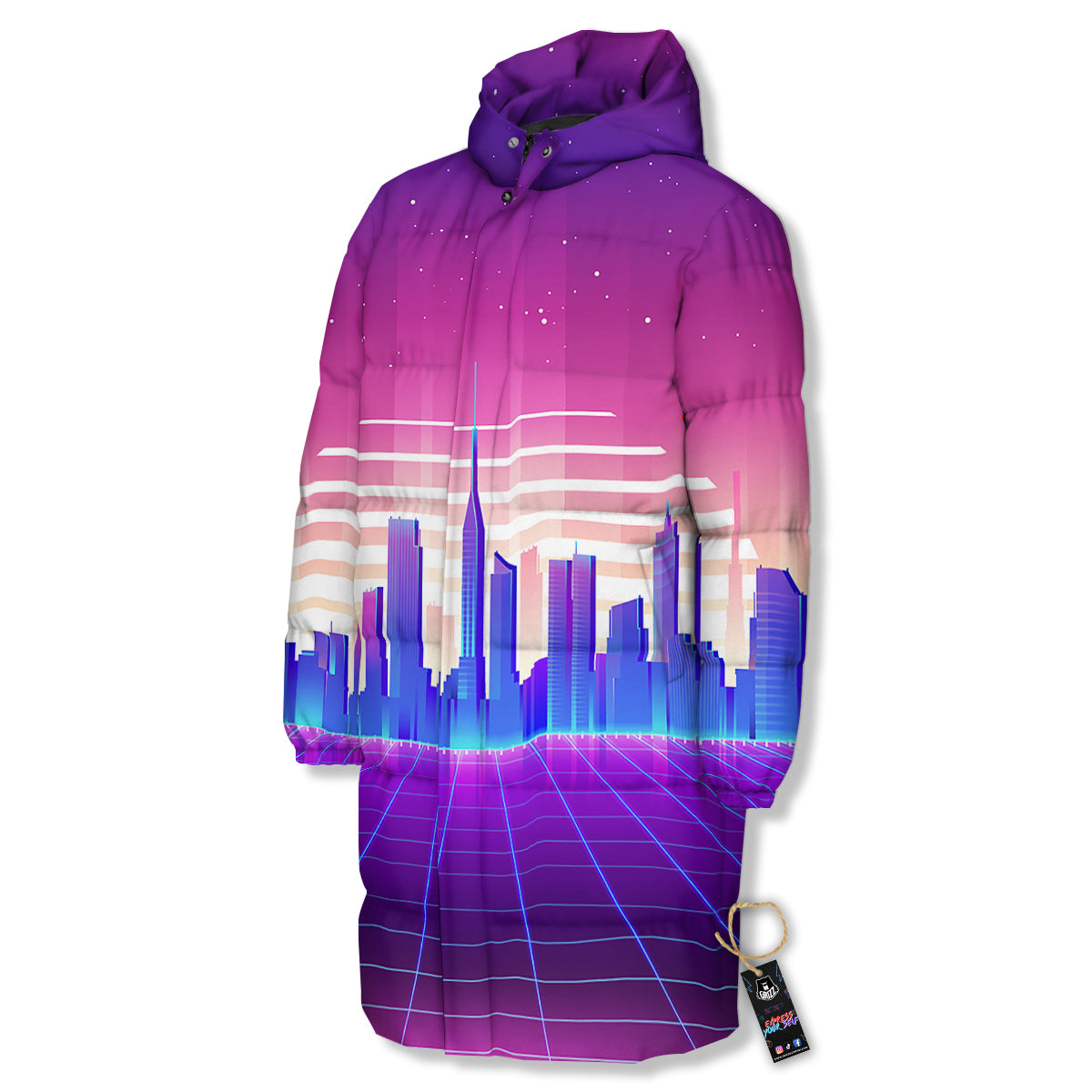 Futuristic City Print Long Down Jacket-grizzshop