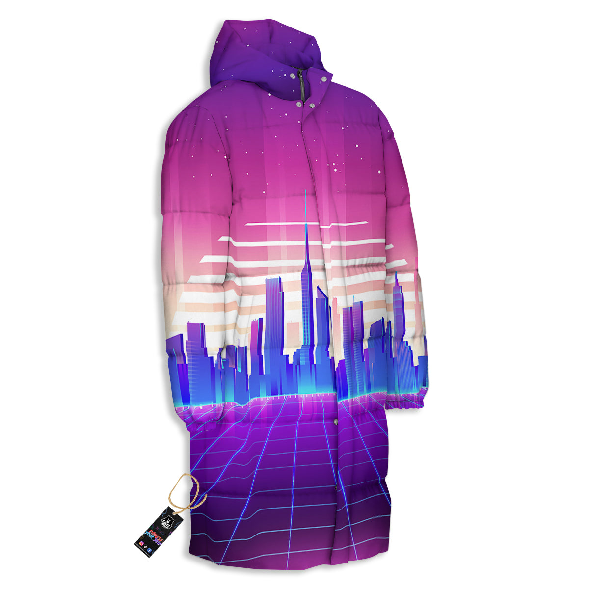 Futuristic City Print Long Down Jacket-grizzshop