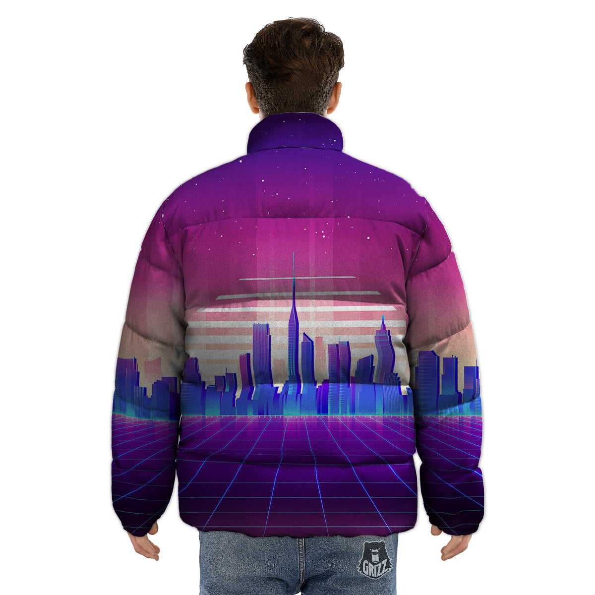 Futuristic City Print Puffer Jacket-grizzshop