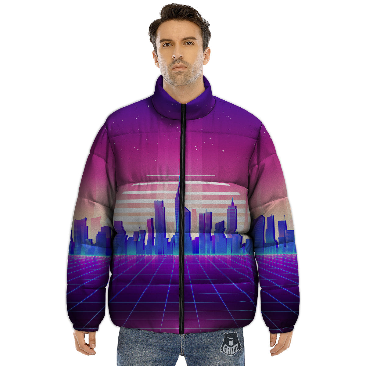 Futuristic City Print Puffer Jacket-grizzshop