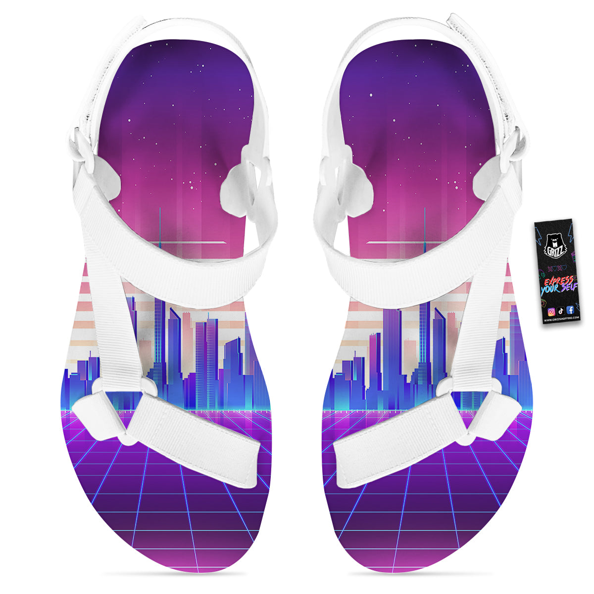 Futuristic City Print White Open Toe Sandals-grizzshop