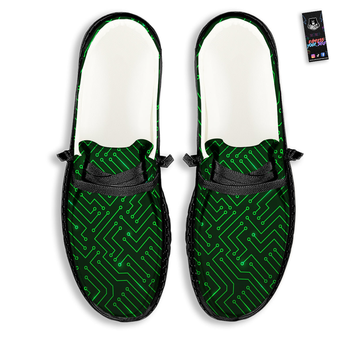Futuristic Green Circuit Board Print Black Loafers-grizzshop