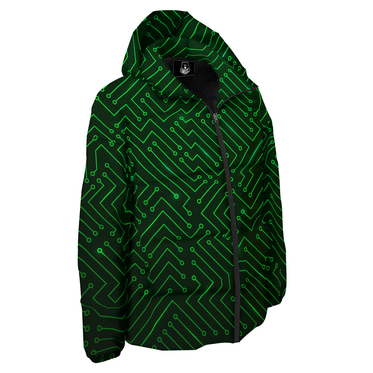 Futuristic Green Circuit Board Print Down Jacket-grizzshop