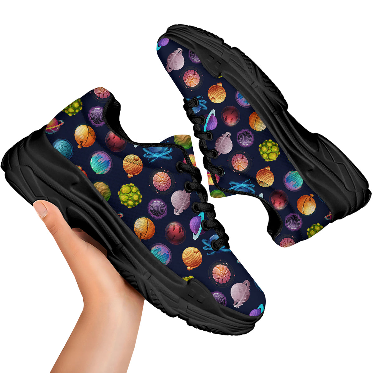Futuristic Planets And Stars Colorful Print Pattern Black Chunky Shoes-grizzshop