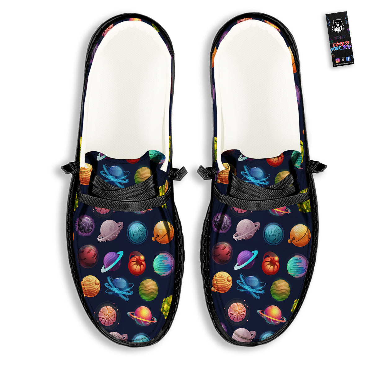 Futuristic Planets And Stars Colorful Print Pattern Black Loafers-grizzshop