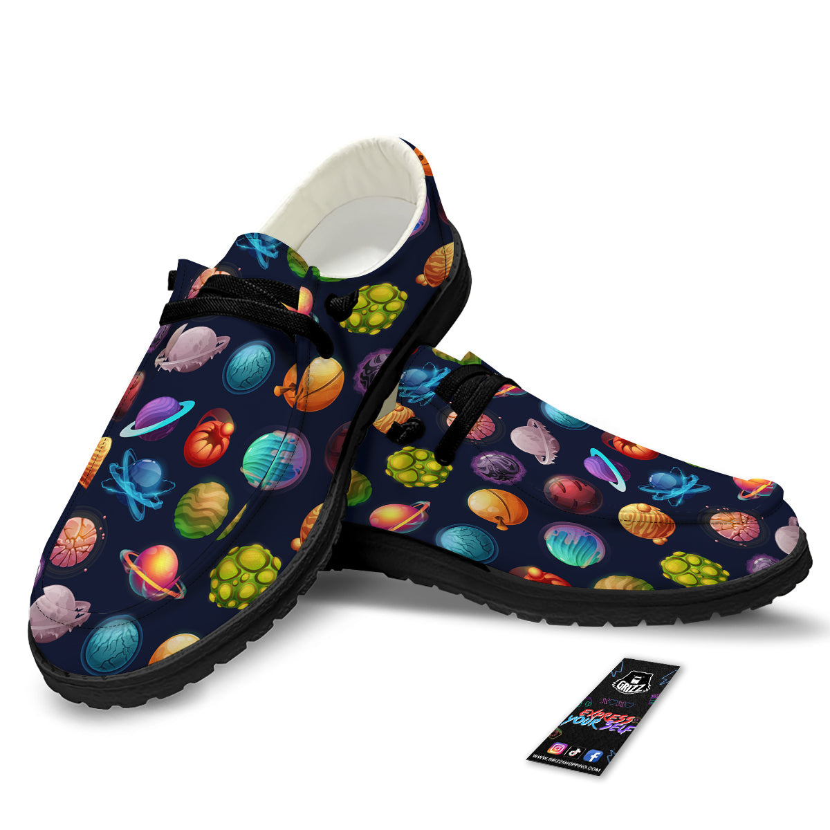 Futuristic Planets And Stars Colorful Print Pattern Black Loafers-grizzshop