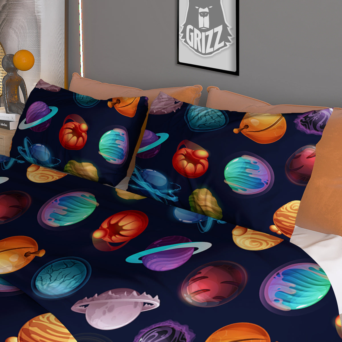 Futuristic Planets And Stars Colorful Print Pattern Duvet Cover Bedding Set