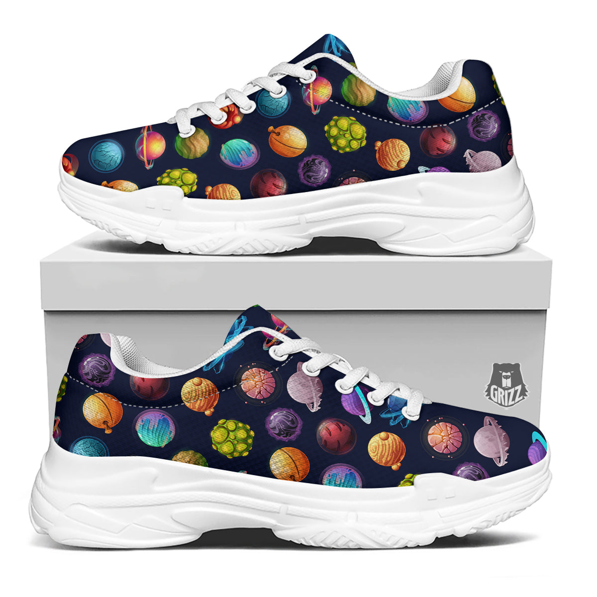 Futuristic Planets And Stars Colorful Print Pattern White Chunky Shoes-grizzshop