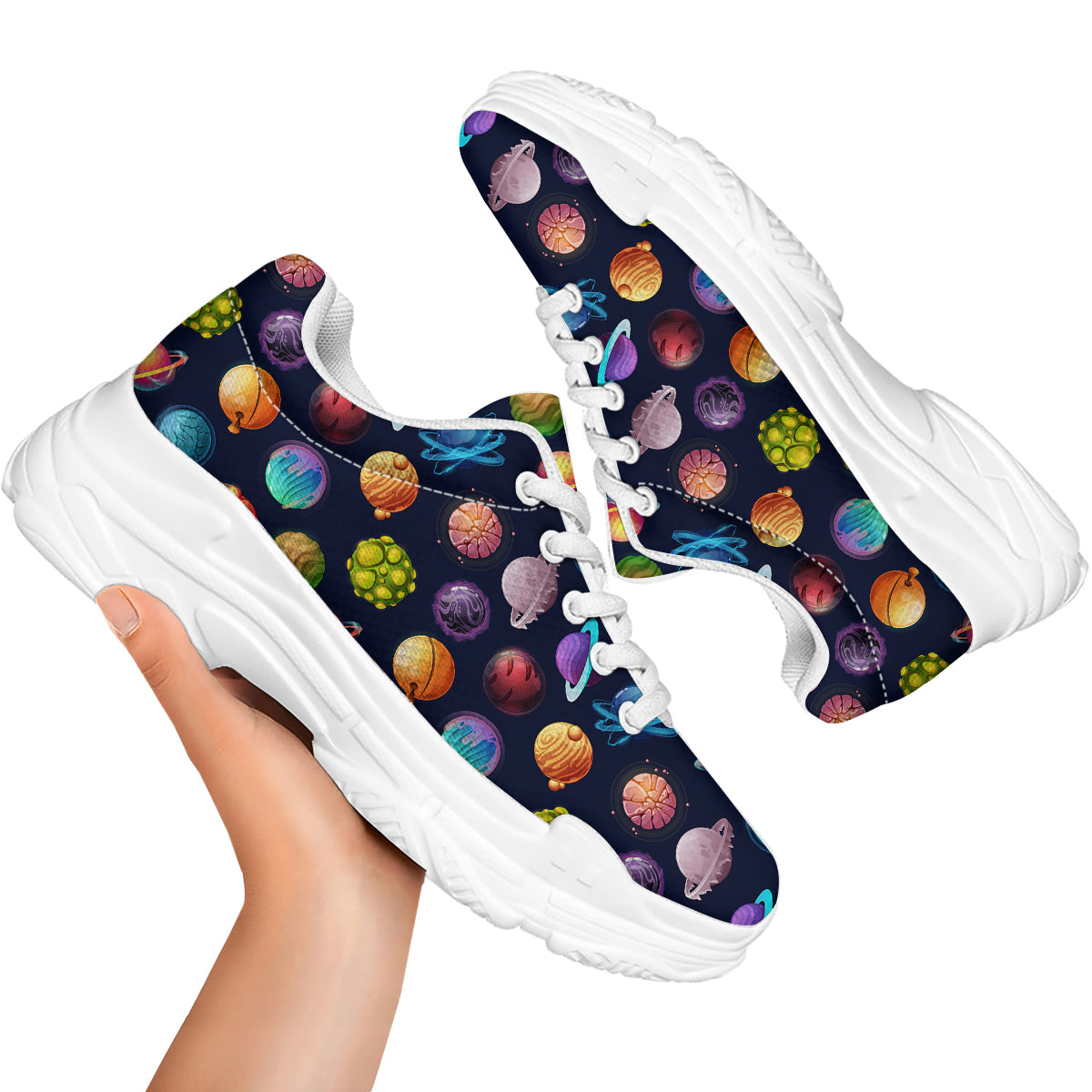 Futuristic Planets And Stars Colorful Print Pattern White Chunky Shoes-grizzshop