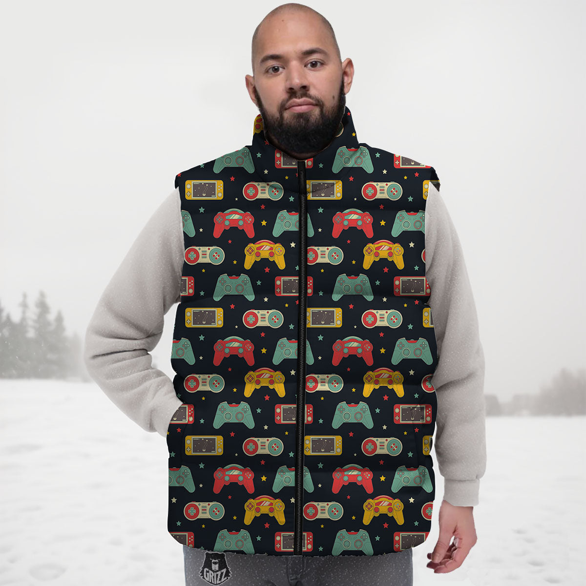 Gadgets Video Game Print Pattern Down Vest-grizzshop