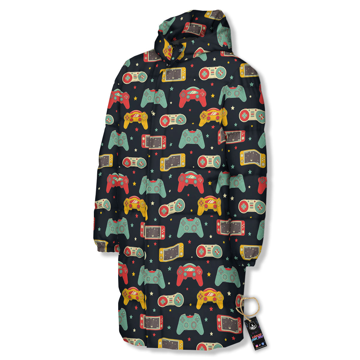 Gadgets Video Game Print Pattern Long Down Jacket-grizzshop