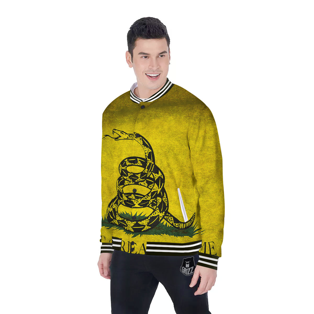 Gadsden Flag Grunge Print Baseball Jacket-grizzshop