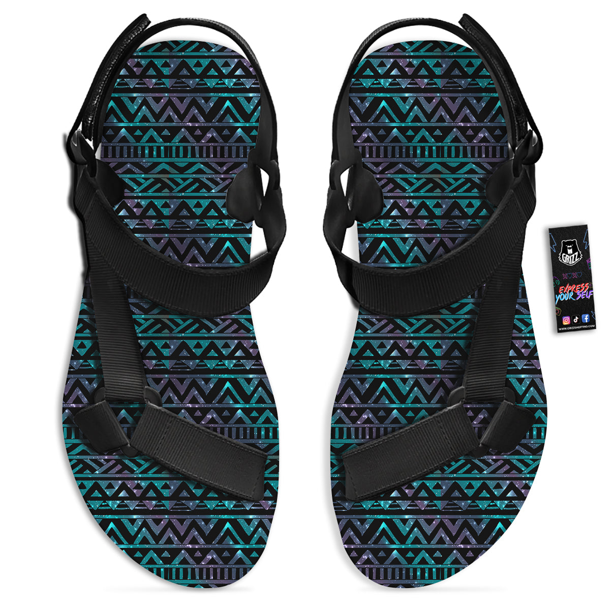 Galaxy Aztec Tribal Print Pattern Black Open Toe Sandals-grizzshop