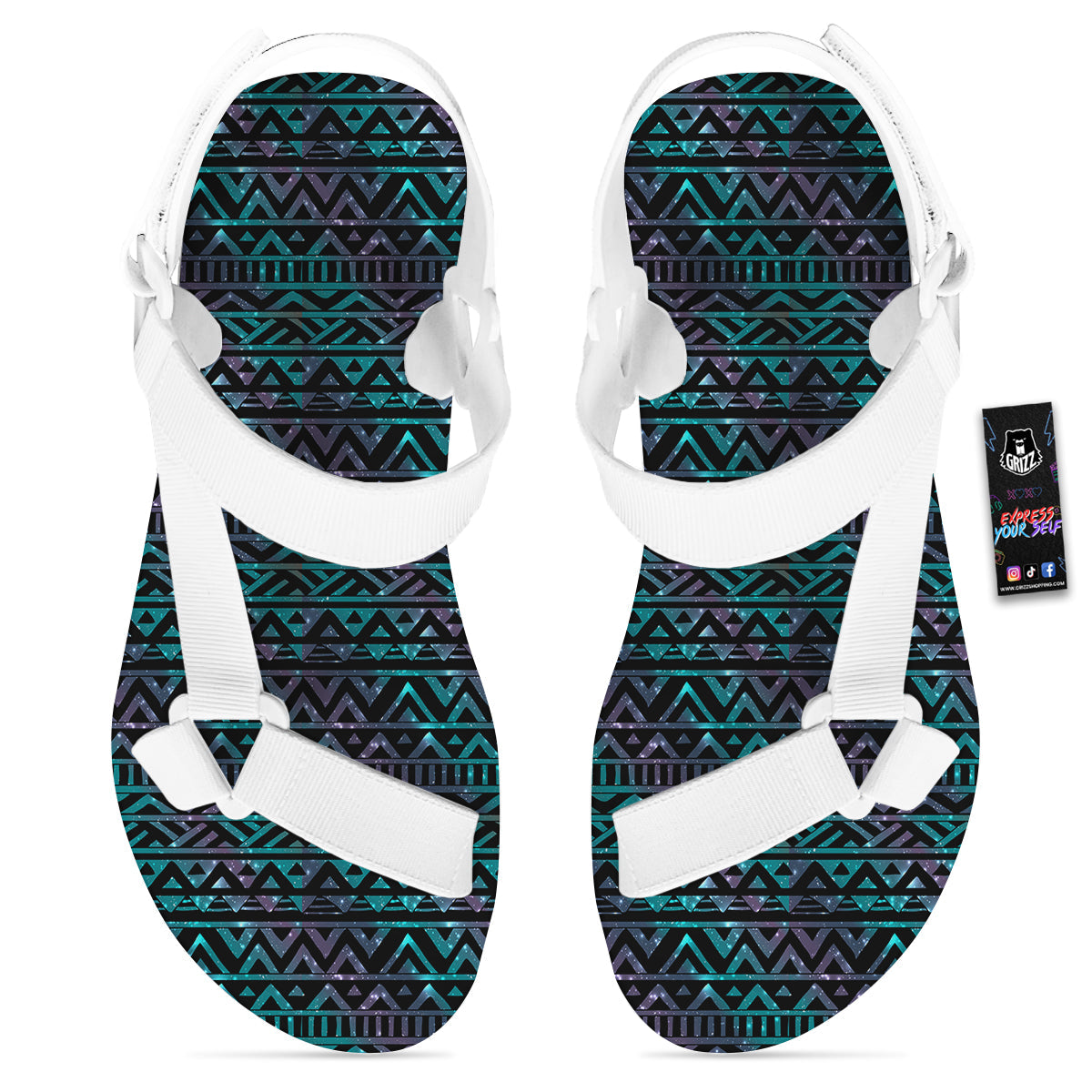 Galaxy Aztec Tribal Print Pattern White Open Toe Sandals-grizzshop
