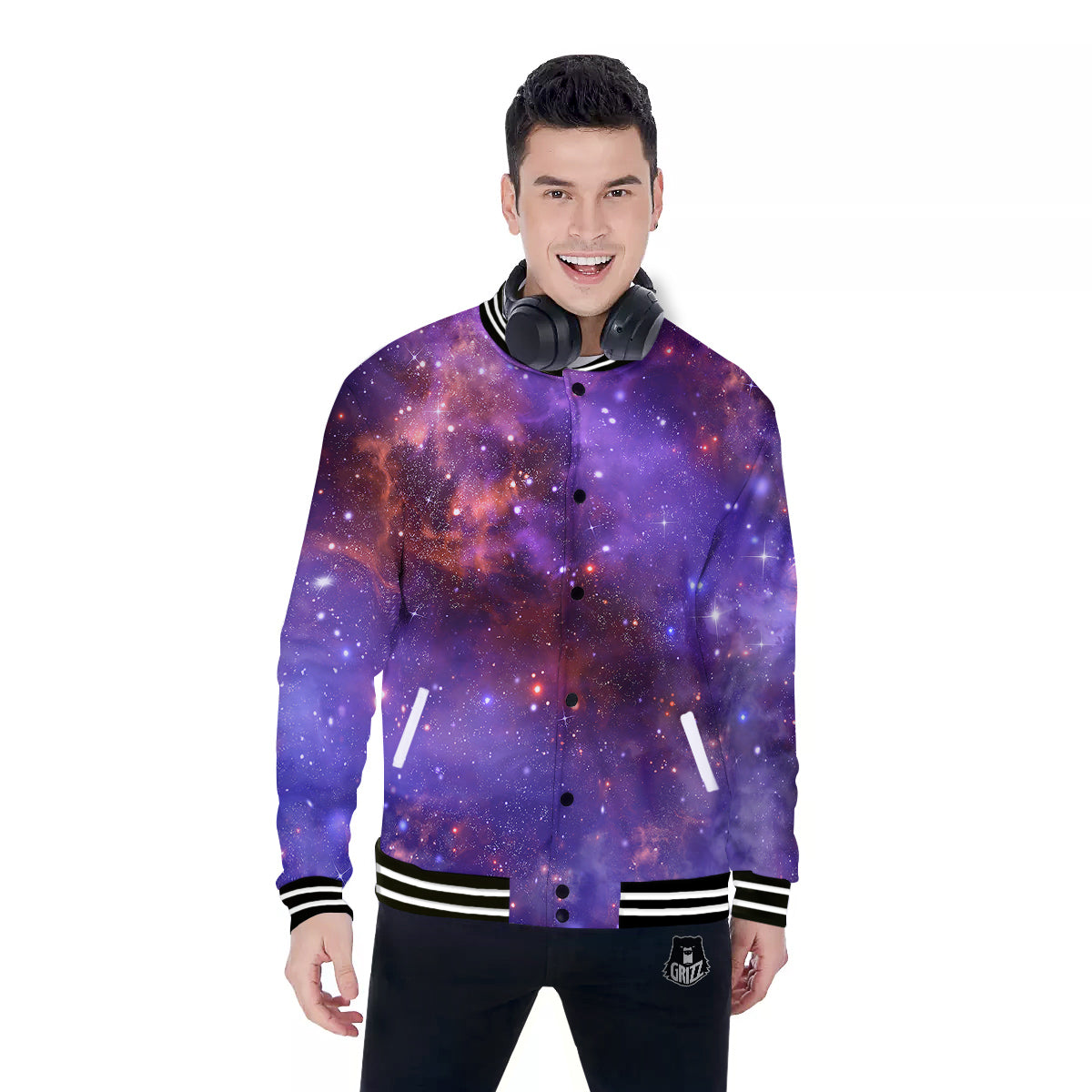 Galaxy Outer Space Dark Purple Print Baseball Jacket-grizzshop