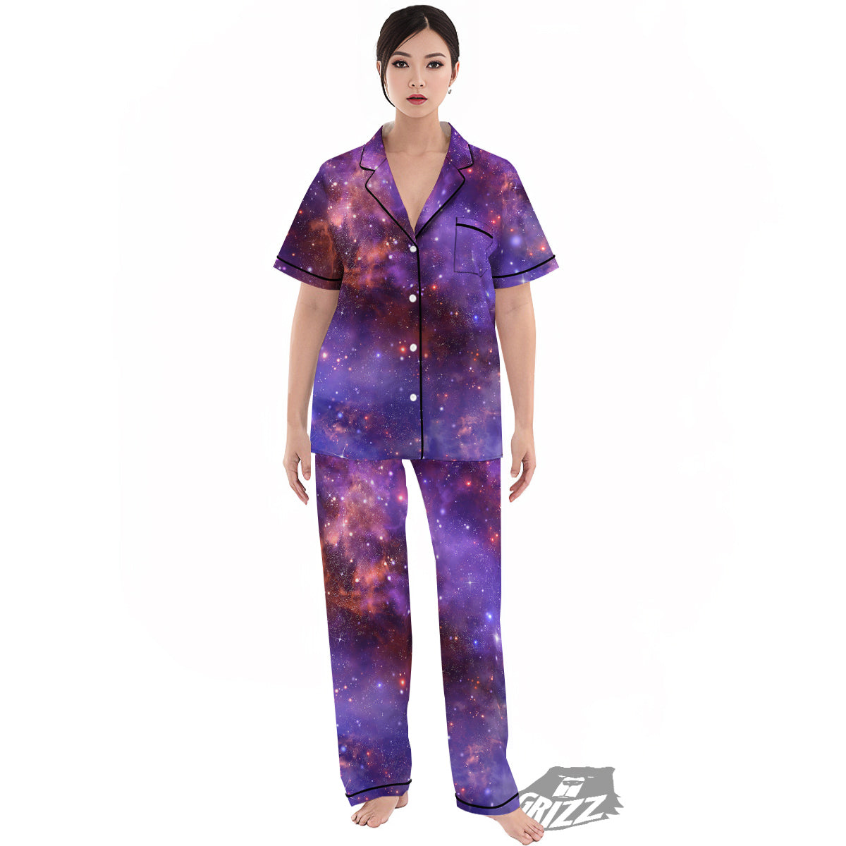 Galaxy Outer Space Dark Purple Print Women's Pajamas Set-grizzshop