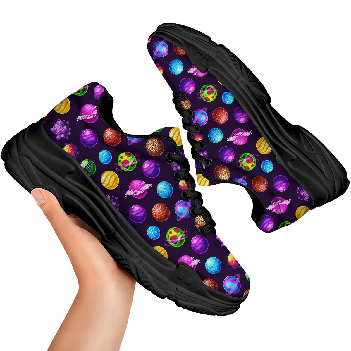 Galaxy Planets And Space Stars Colorful Print Pattern Black Chunky Shoes-grizzshop