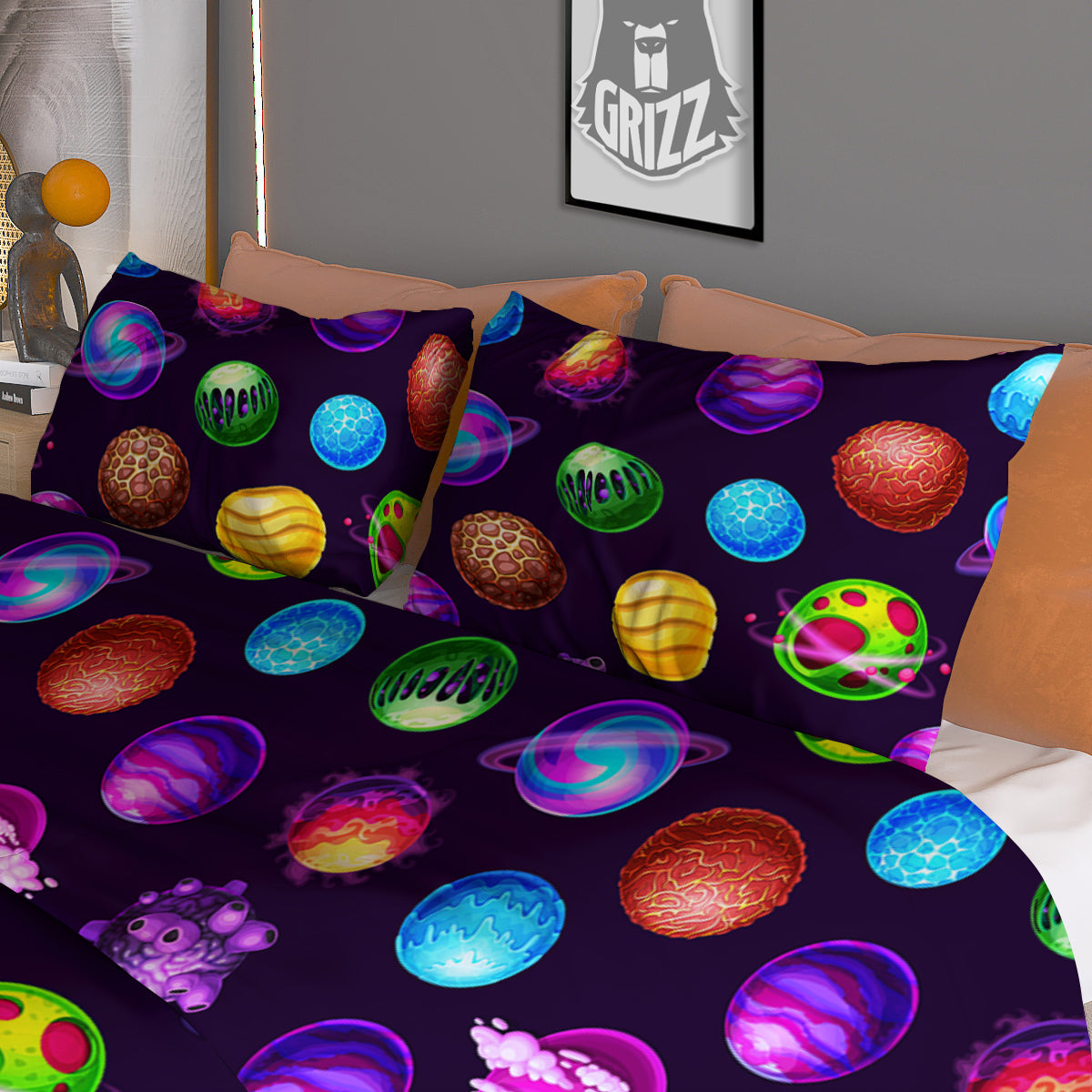 Galaxy Planets And Space Stars Colorful Print Pattern Duvet Cover Bedding Set
