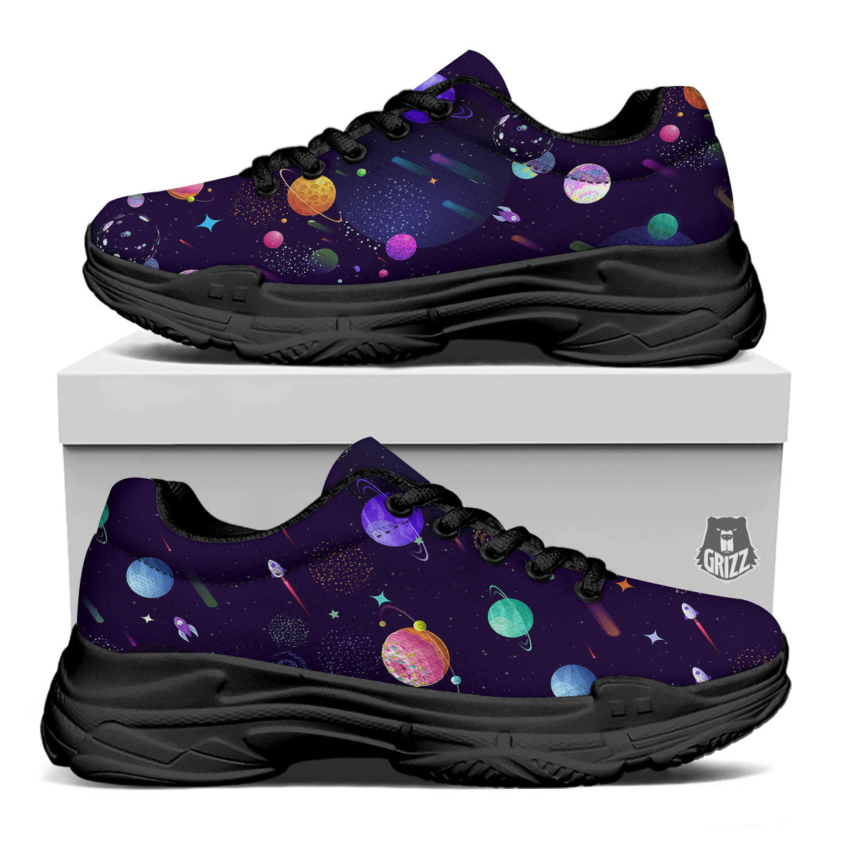 Galaxy Space Abstract Cartoon Print Black Chunky Shoes-grizzshop