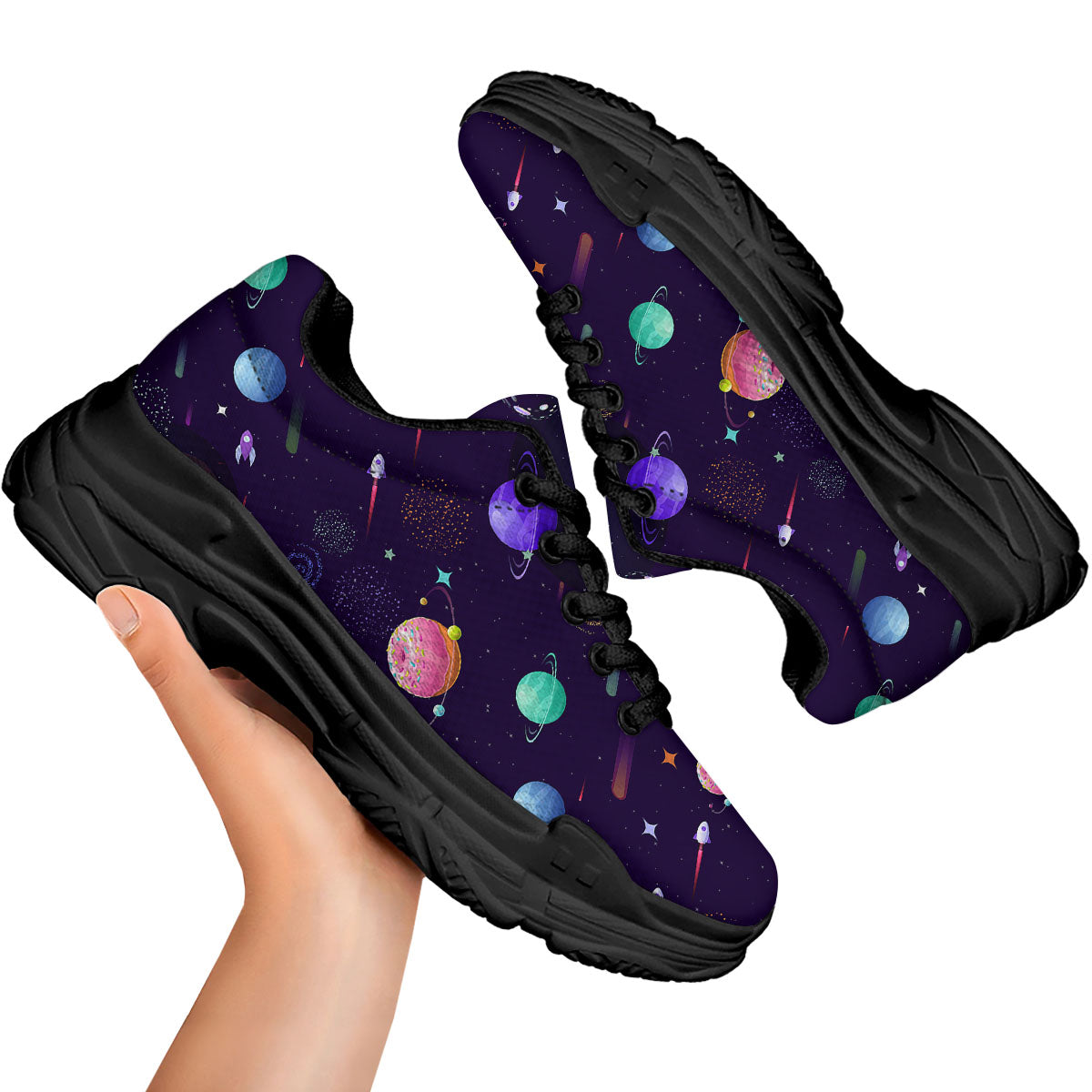 Galaxy Space Abstract Cartoon Print Black Chunky Shoes-grizzshop