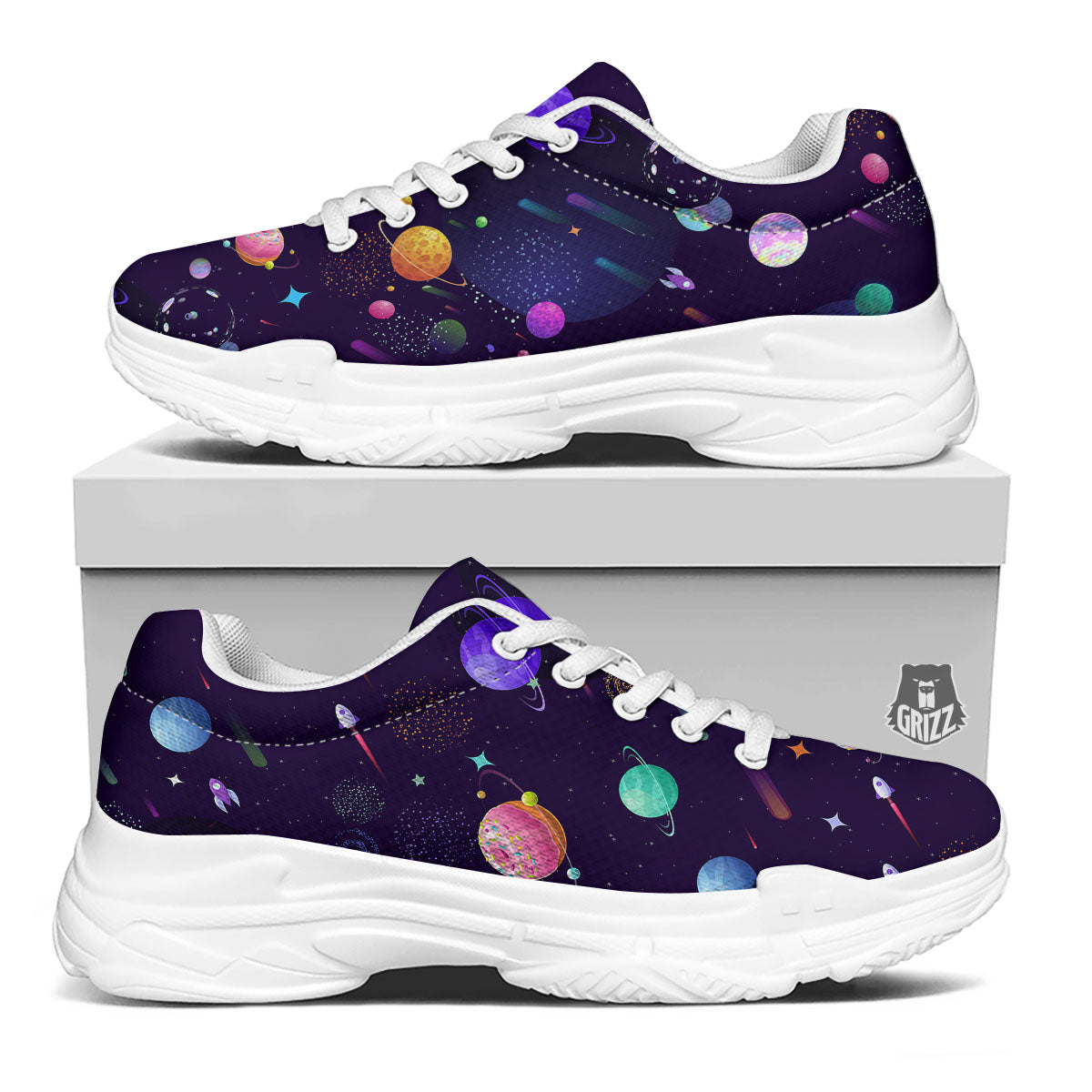 Galaxy Space Abstract Cartoon Print White Chunky Shoes-grizzshop