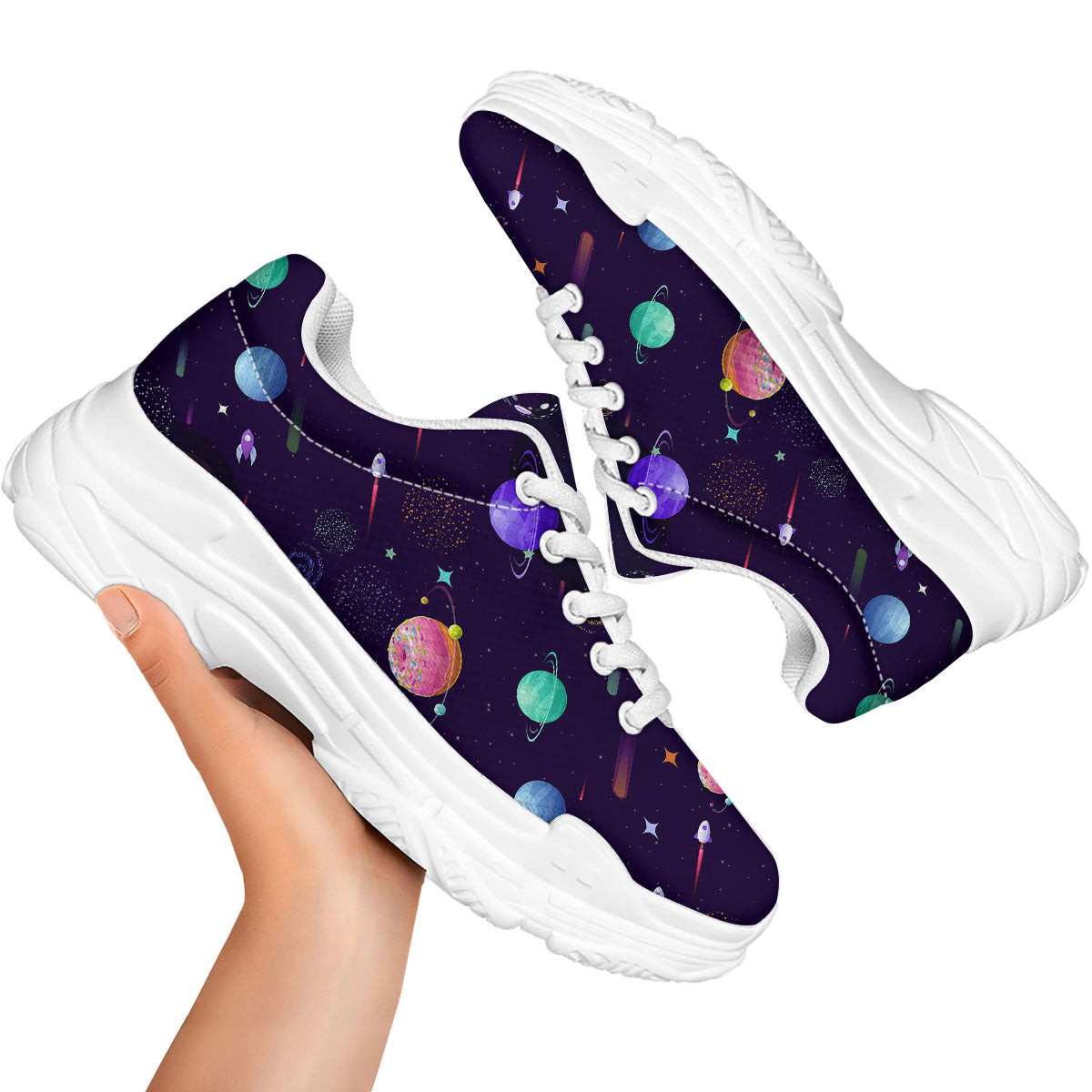 Galaxy Space Abstract Cartoon Print White Chunky Shoes-grizzshop
