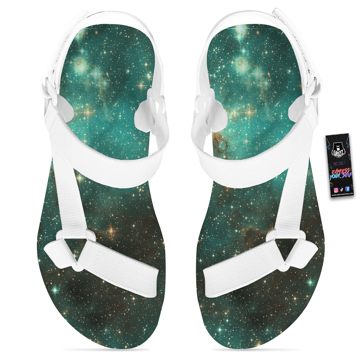 Galaxy Space Abstract Cloud Nebula Print White Open Toe Sandals-grizzshop