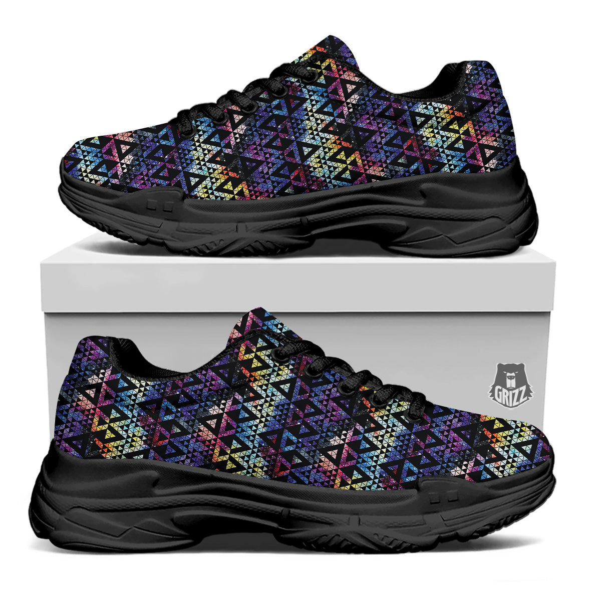 Galaxy Space Black Triangle Print Black Chunky Shoes-grizzshop