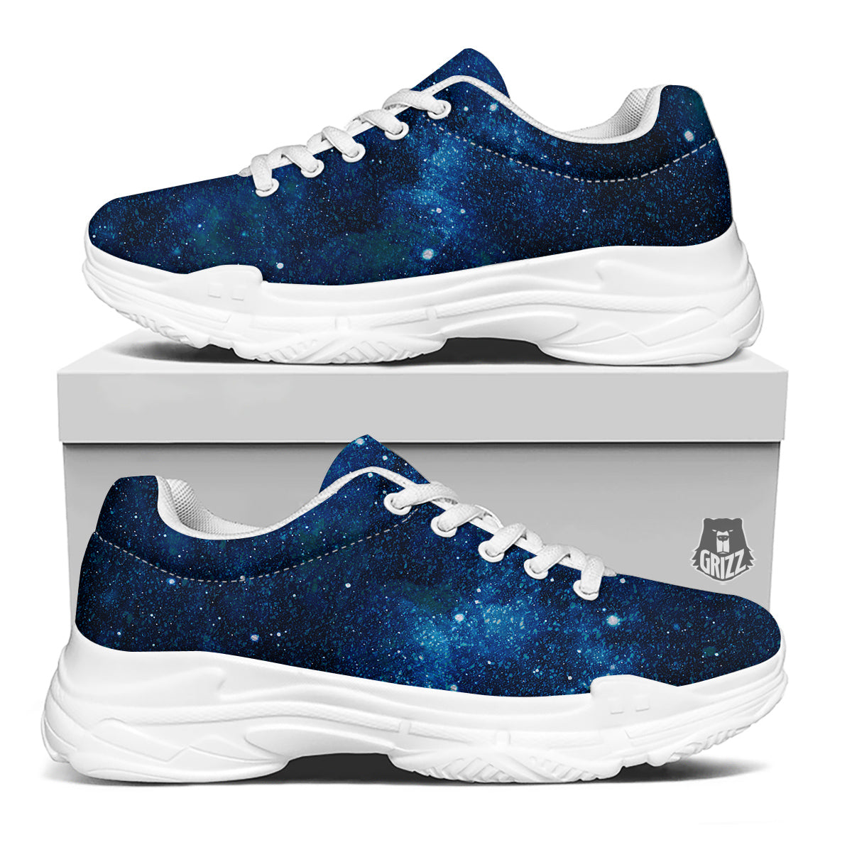 Galaxy Space Dark Blue Print White Chunky Shoes-grizzshop