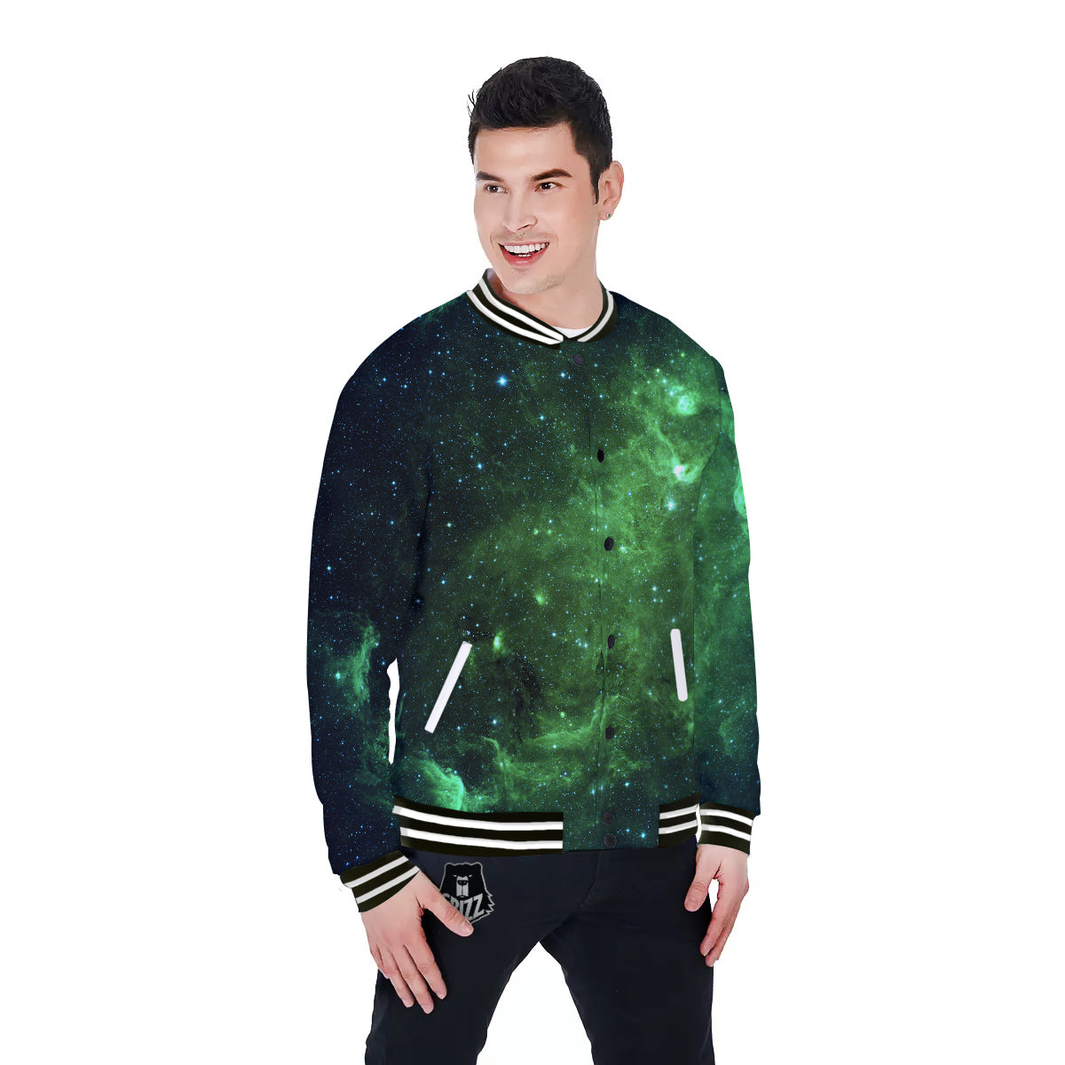 Galaxy Space Dark Green Print Baseball Jacket-grizzshop