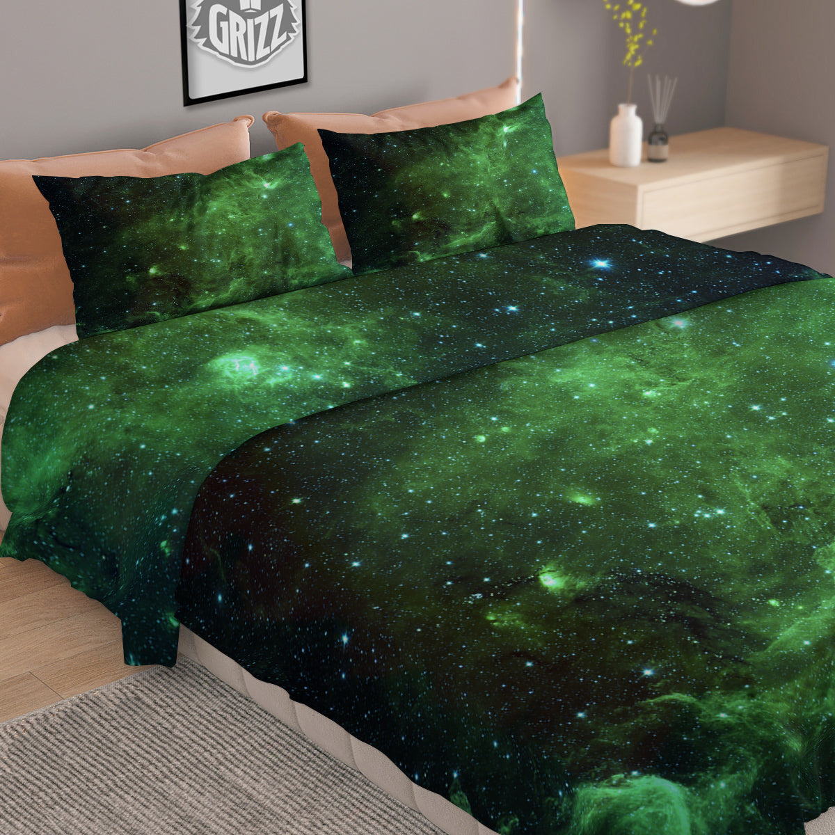 Galaxy Space Dark Green Print Duvet Cover Bedding Set