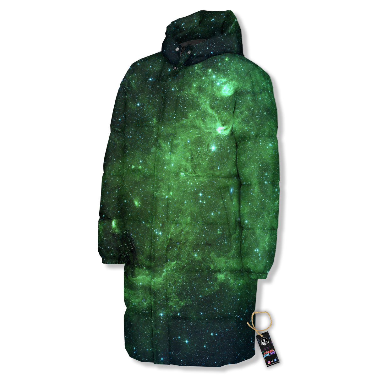 Galaxy Space Dark Green Print Long Down Jacket-grizzshop