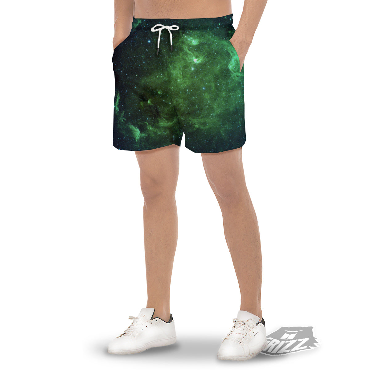 Galaxy Space Dark Green Print Men's Gym Shorts-grizzshop