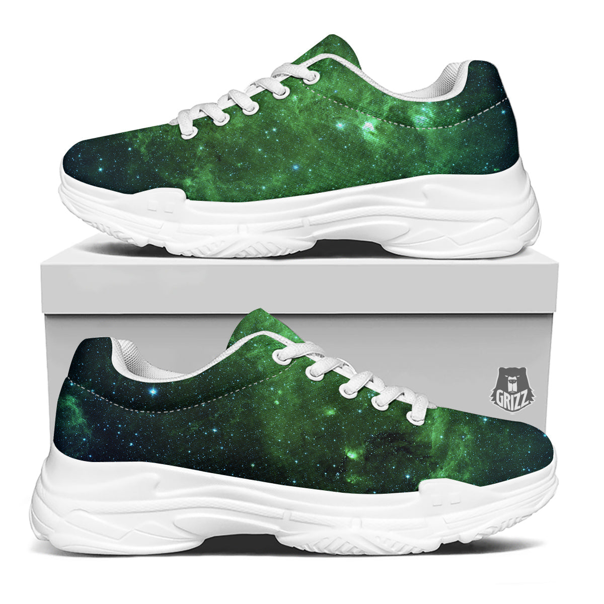 Galaxy Space Dark Green Print White Chunky Shoes-grizzshop