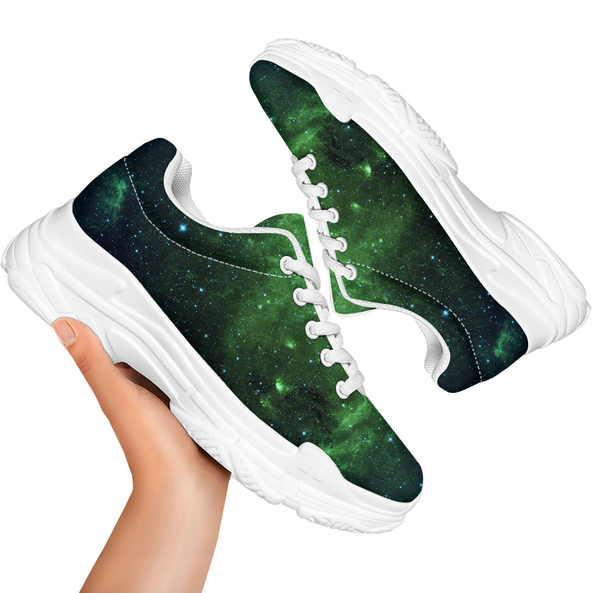Galaxy Space Dark Green Print White Chunky Shoes-grizzshop