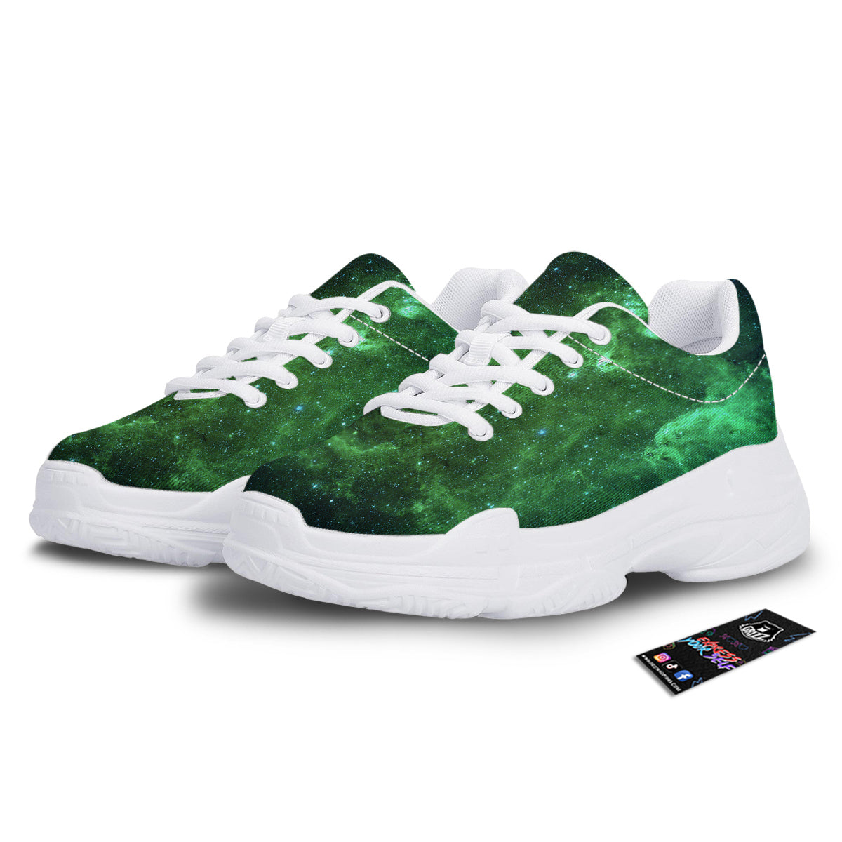 Galaxy Space Dark Green Print White Chunky Shoes-grizzshop