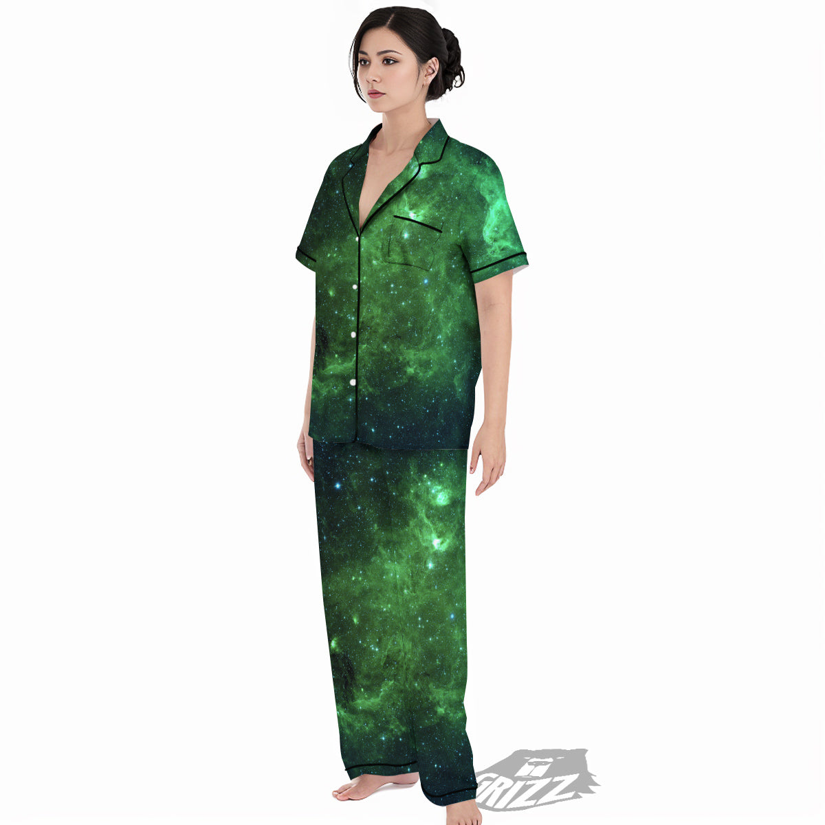 Galaxy Space Dark Green Print Women's Pajamas Set-grizzshop