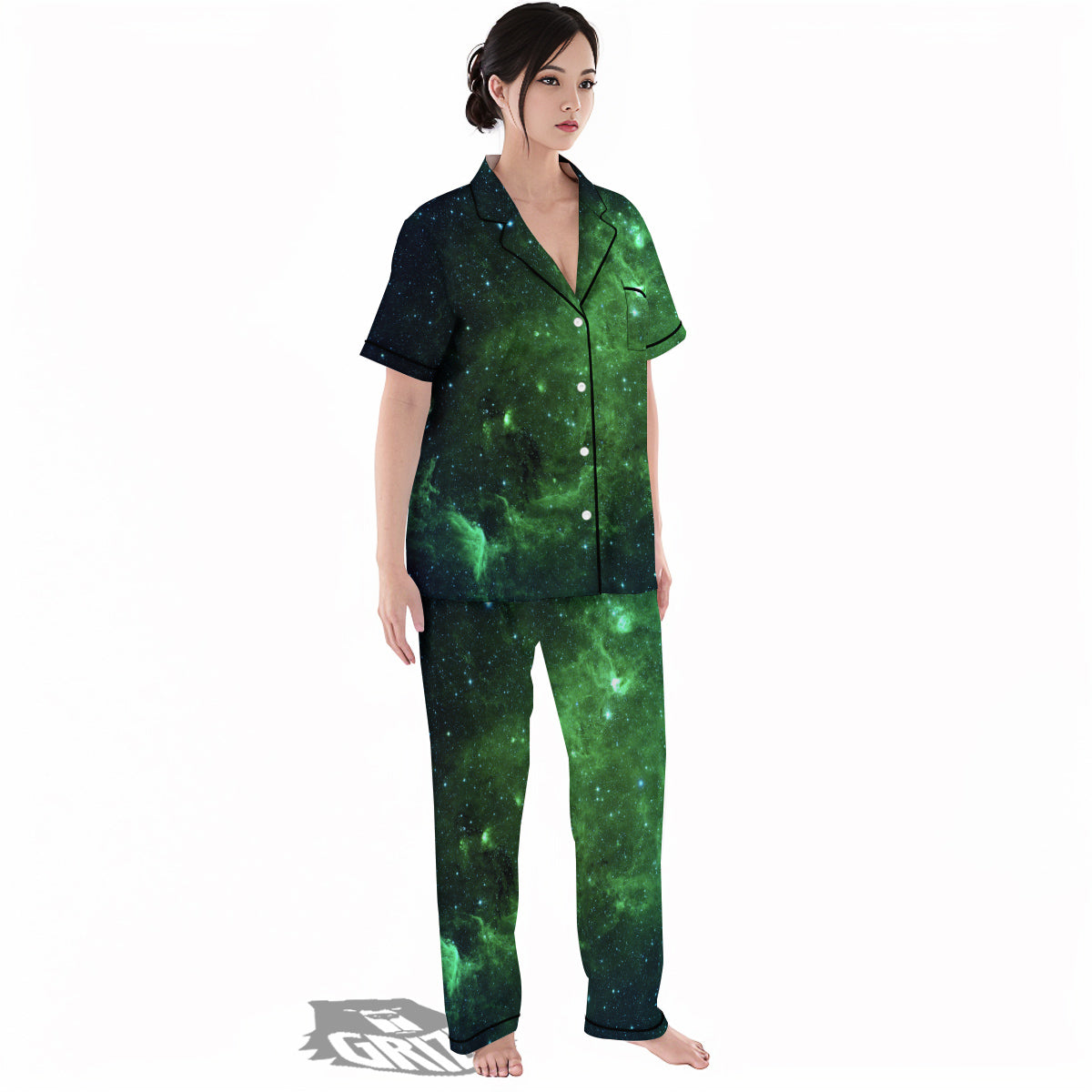 Galaxy Space Dark Green Print Women's Pajamas Set-grizzshop