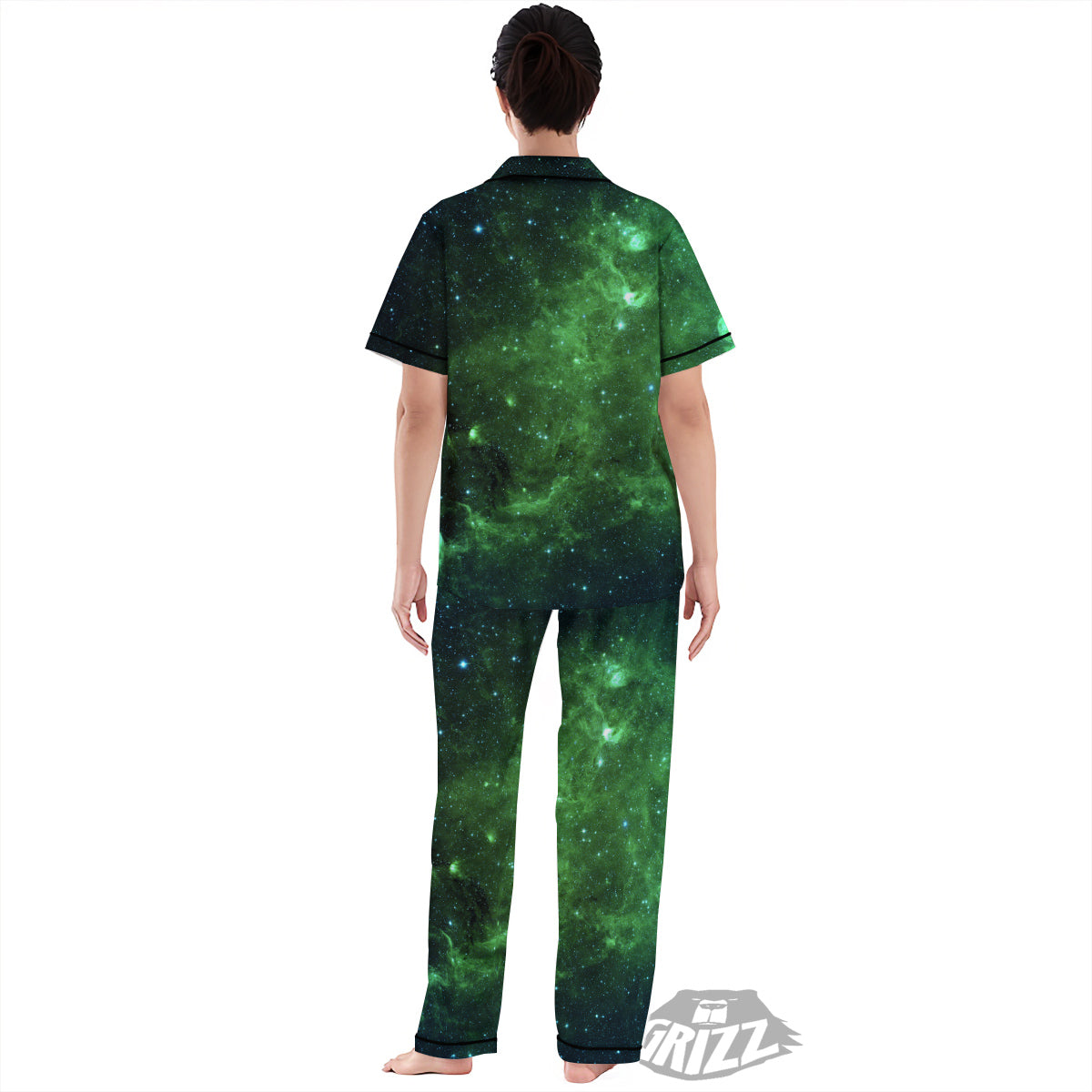 Galaxy Space Dark Green Print Women's Pajamas Set-grizzshop