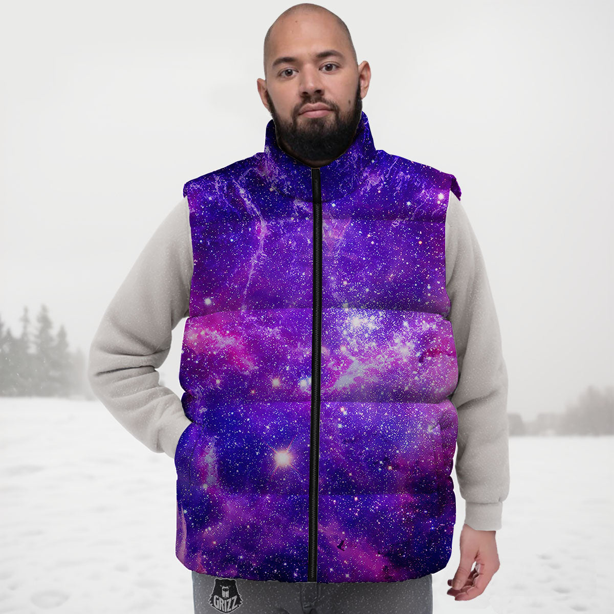 Galaxy Space Dark Purple Universe Print Down Vest