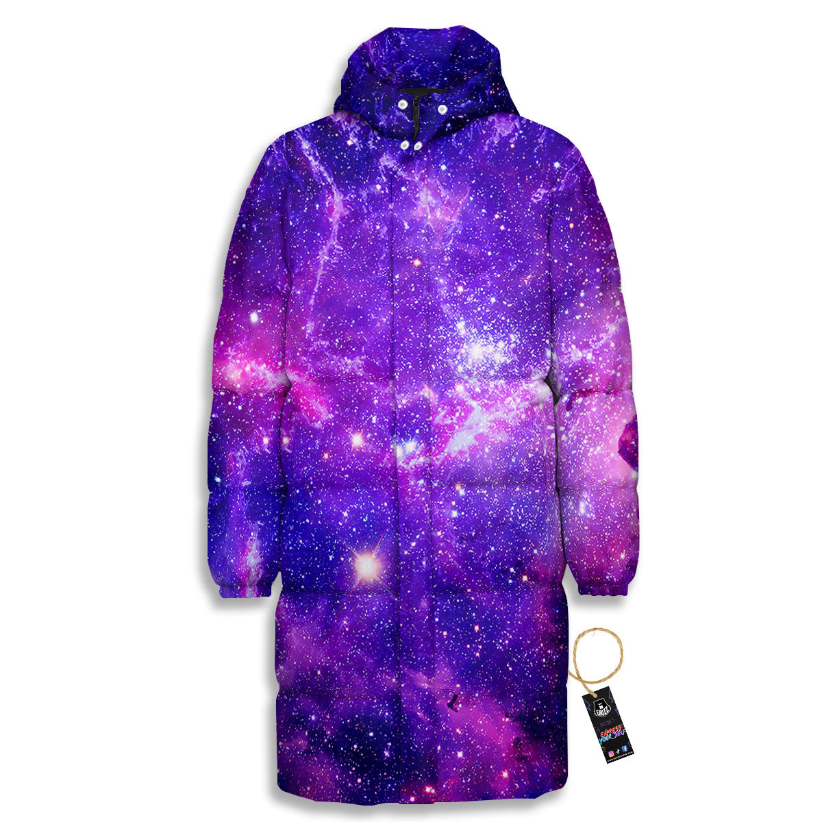 Galaxy Space Dark Purple Universe Print Long Down Jacket-grizzshop