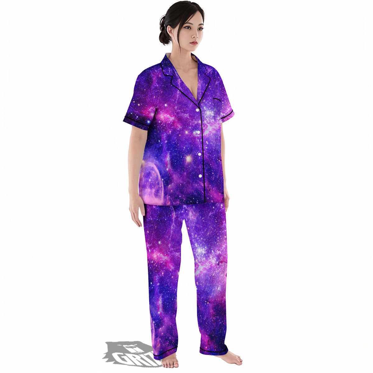 Galaxy Space Dark Purple Universe Print Women's Pajamas Set-grizzshop