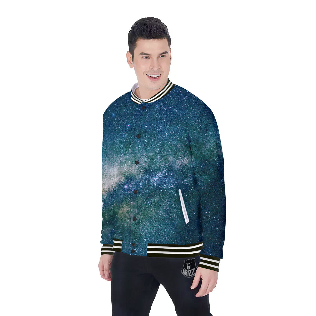 Galaxy Space Dark Teal Print Baseball Jacket-grizzshop